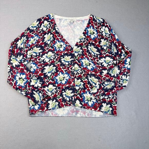 Talbots Sweater Red Black Womens LP Floral Cardigan Button Up V-Neck Ribbed Knit - Picture 1 of 6